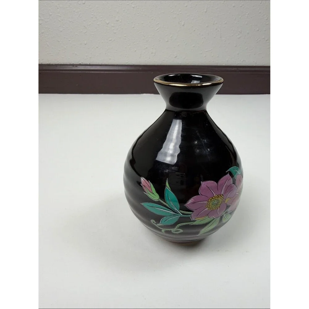 Vintage Black Floral Bud Vase Japan Hand Painted Pink Flowers Gold Trim Ceramic